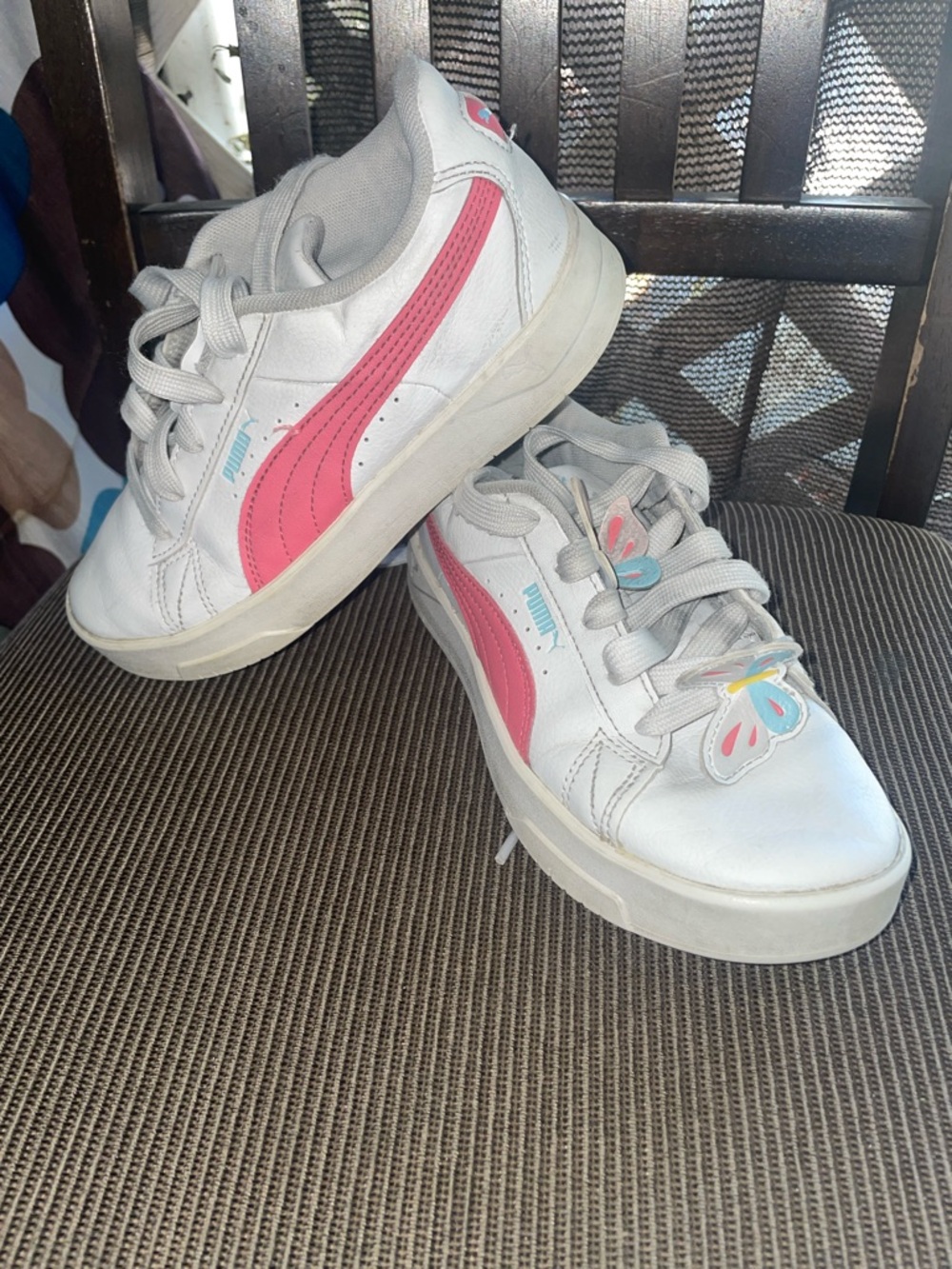 Puma Kids White Sneakers with Pink Stripe and Butterfly Accent